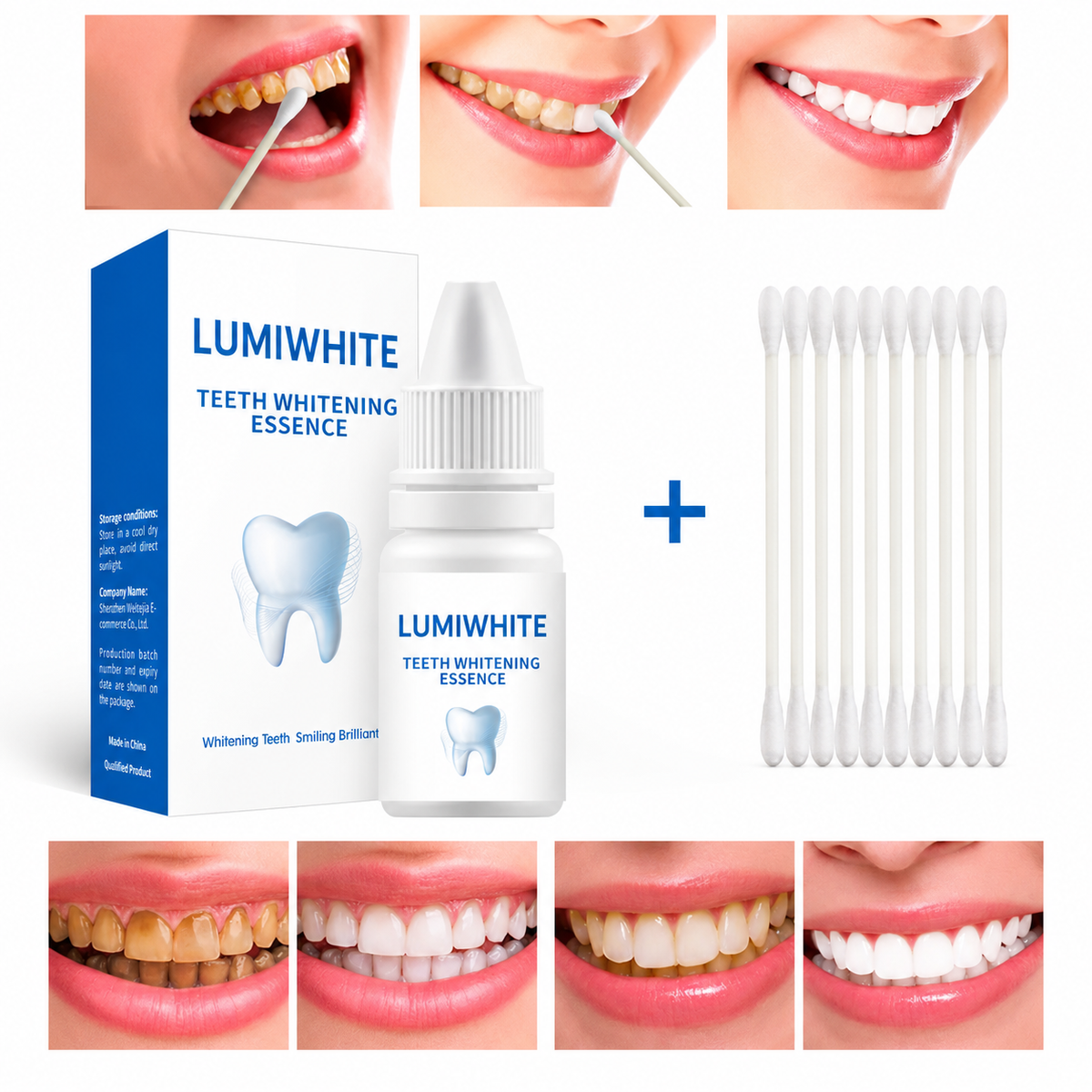 LUMIWHITE teeth whitening powder showing before and after results with pack, applicator, and smiling teeth.