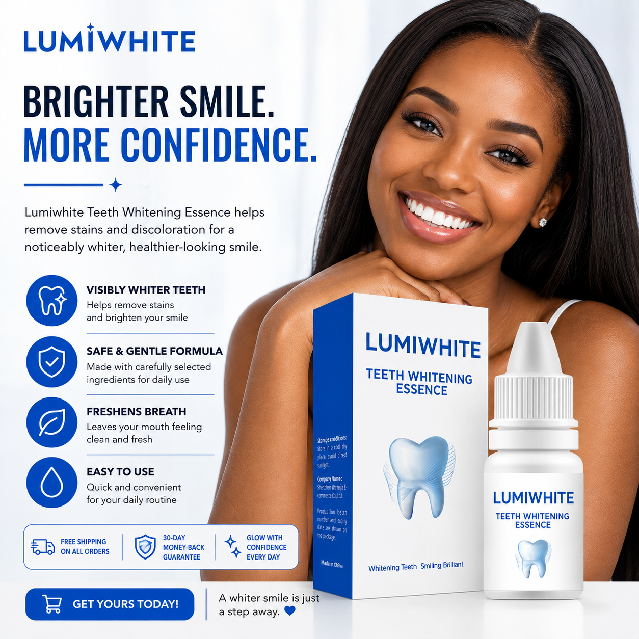 LUMIWHITE teeth whitening powder for a brighter smile, featuring easy application and effective ingredients.